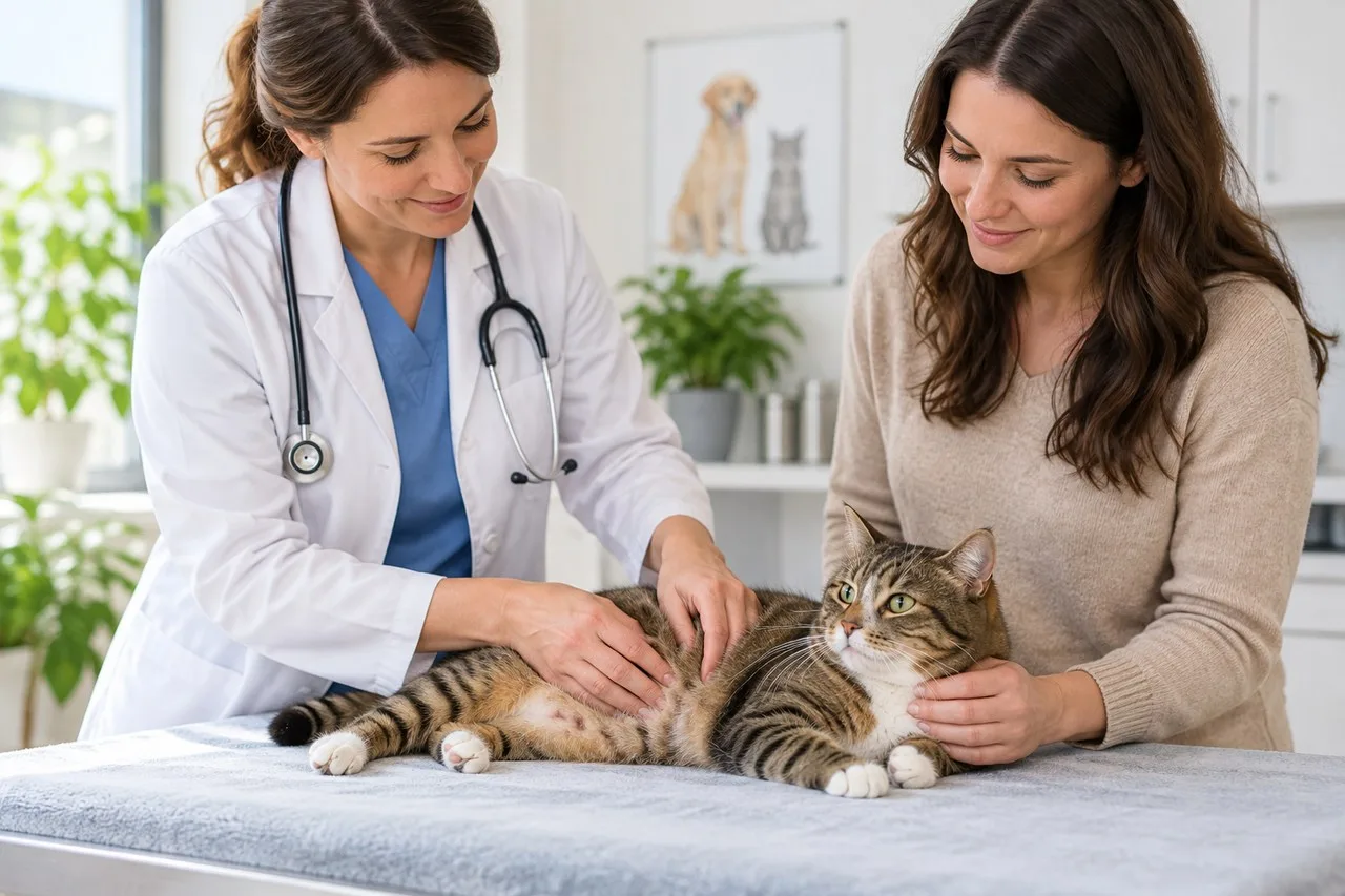 Veterinarian examining a tabby cat while its owner supports it on the table